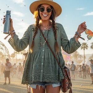 April Cornell Sage Green Eyelet Lace Boho Peplum Blouse Small